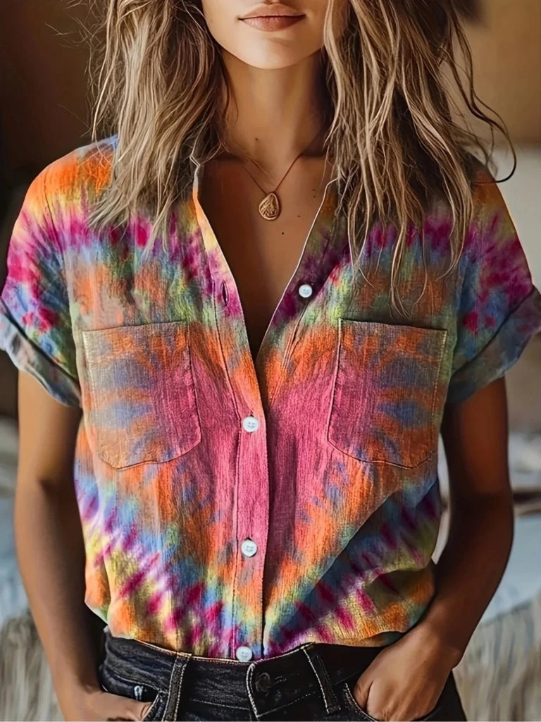 Tie - Dye Short Sleeve Button - Up Shirt - Strawberry by Trendsi from FREYA’S CLOSET