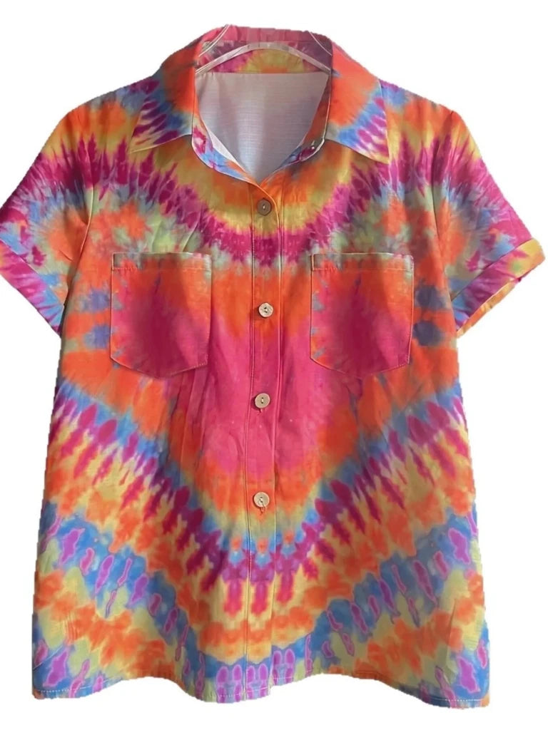 Tie - Dye Short Sleeve Button - Up Shirt - Strawberry by Trendsi from FREYA’S CLOSET