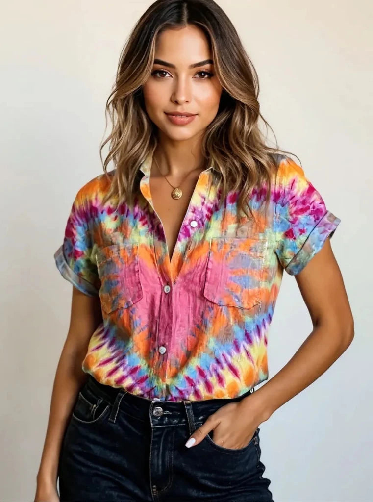 Tie - Dye Short Sleeve Button - Up Shirt - Strawberry by Trendsi from FREYA’S CLOSET