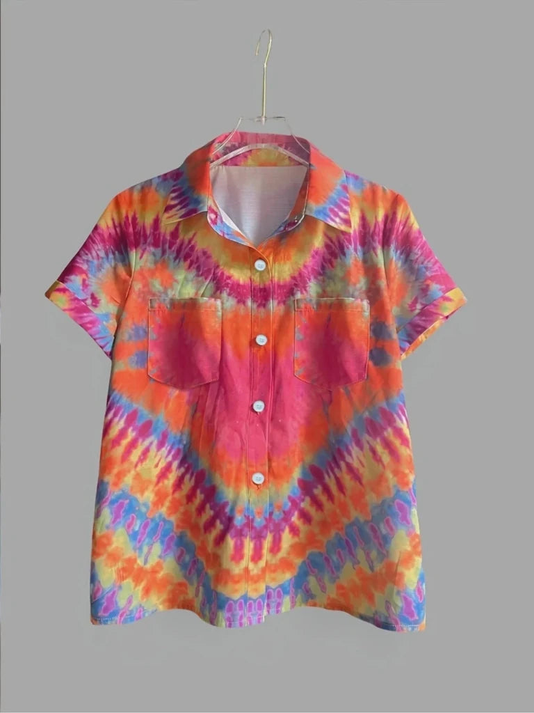 Tie - Dye Short Sleeve Button - Up Shirt - Strawberry by Trendsi from FREYA’S CLOSET