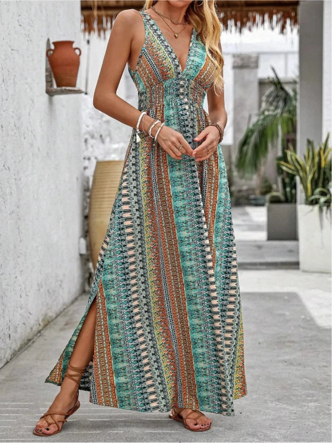 Trendsi Tied Back Printed Sleeveless Maxi Slit Dress