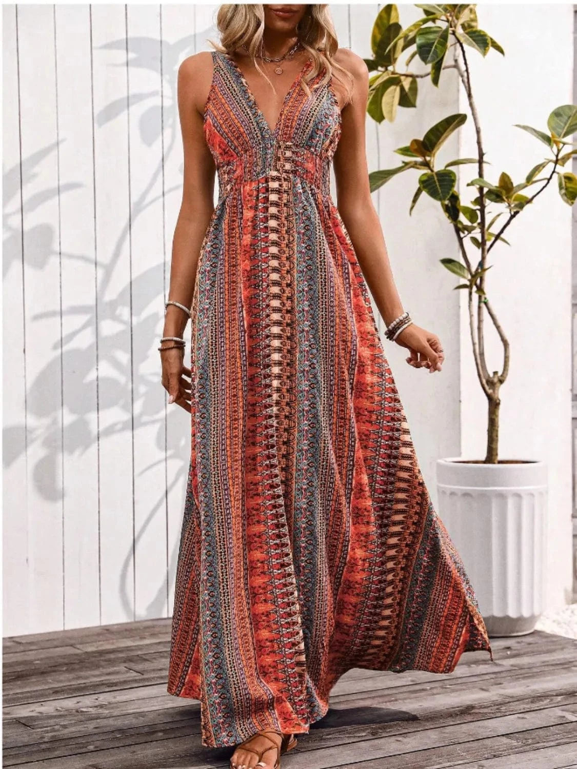 Trendsi Tied Back Printed Sleeveless Maxi Slit Dress