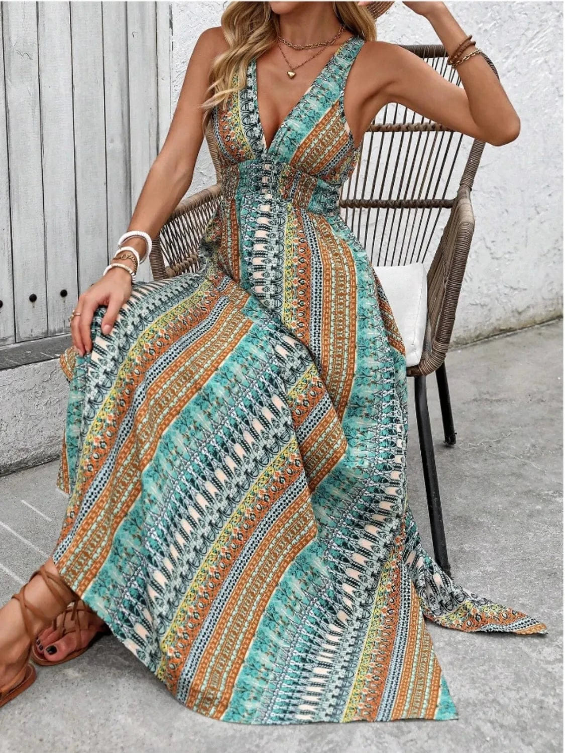 Trendsi Tied Back Printed Sleeveless Maxi Slit Dress