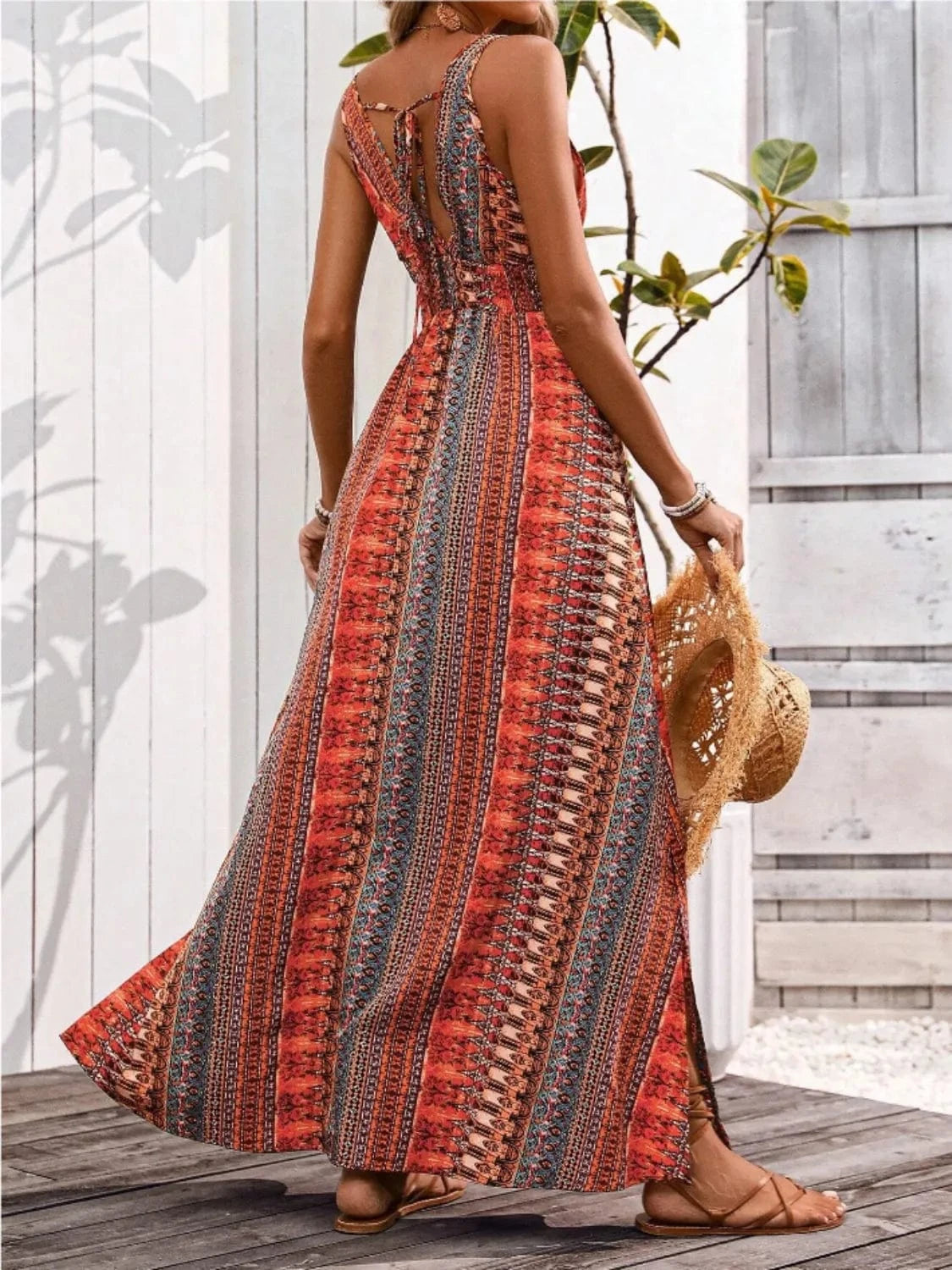 Trendsi Tied Back Printed Sleeveless Maxi Slit Dress