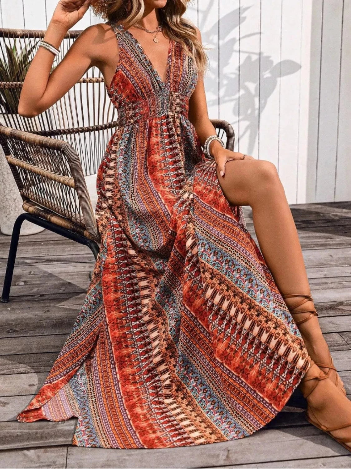 Trendsi Tied Back Printed Sleeveless Maxi Slit Dress