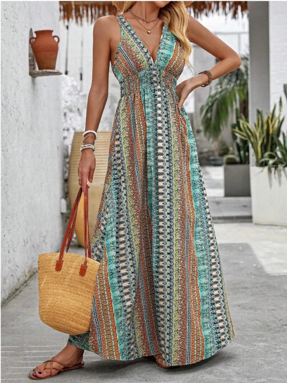 Trendsi Tied Back Printed Sleeveless Maxi Slit Dress