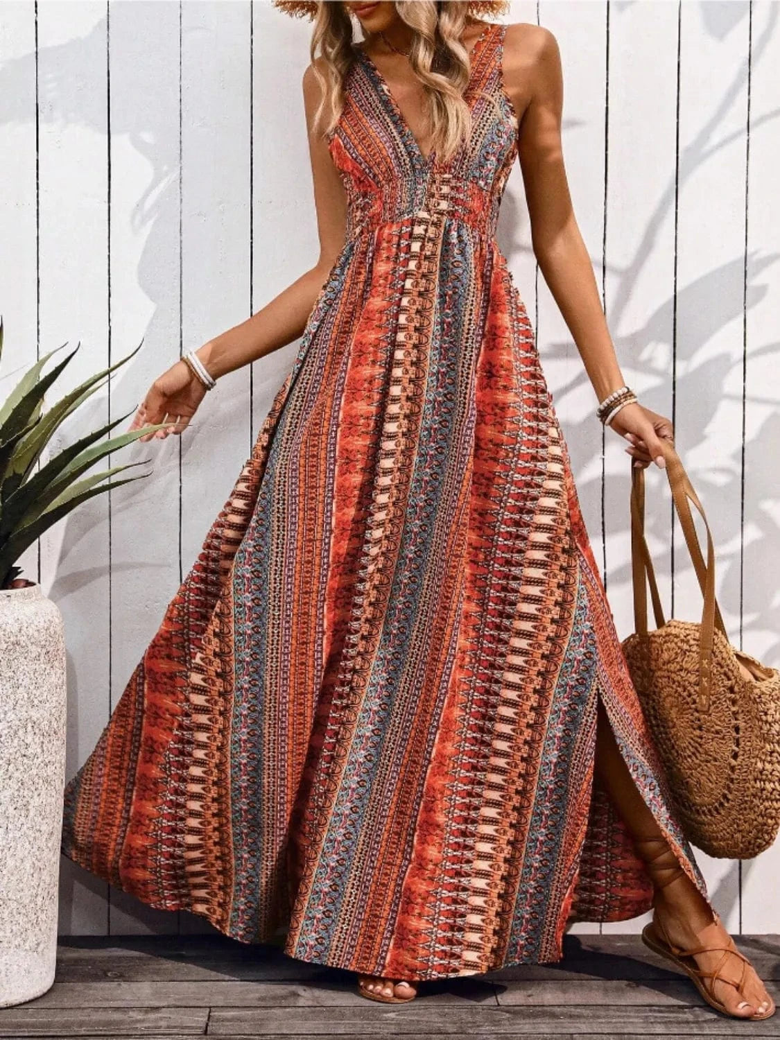 Trendsi Orange-Red / S Tied Back Printed Sleeveless Maxi Slit Dress