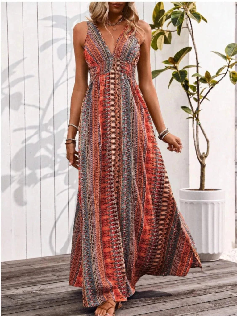 Tied Back Printed Sleeveless Maxi Slit Dress - Orange - Red by Trendsi from FREYA’S CLOSET