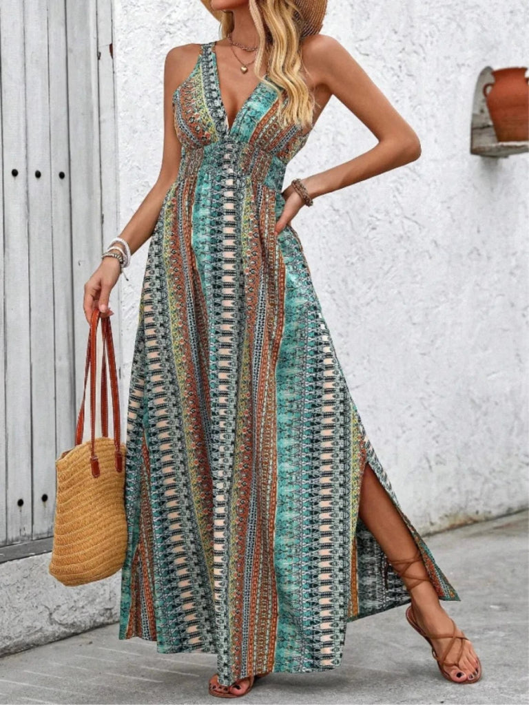 Tied Back Printed Sleeveless Maxi Slit Dress - Turquoise by Trendsi from FREYA’S CLOSET