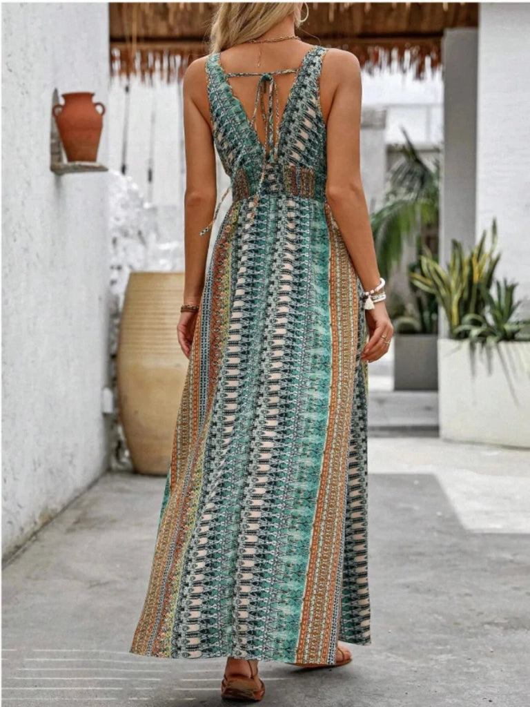 Tied Back Printed Sleeveless Maxi Slit Dress - Turquoise by Trendsi from FREYA’S CLOSET