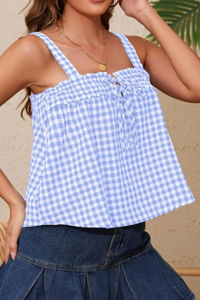 Tied Front Textured Square Neck Cami - Light Blue by Trendsi from FREYA’S CLOSET