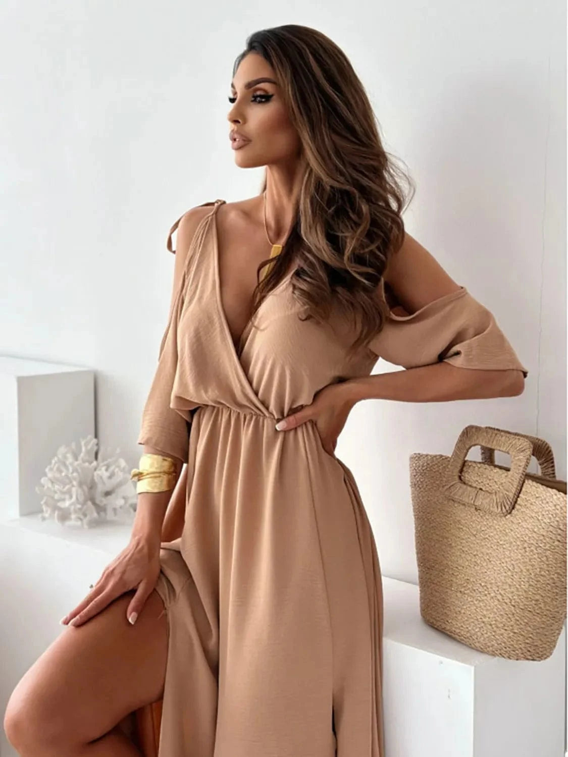 Trendsi Camel / S Tied Shoulder Slit Maxi Dress