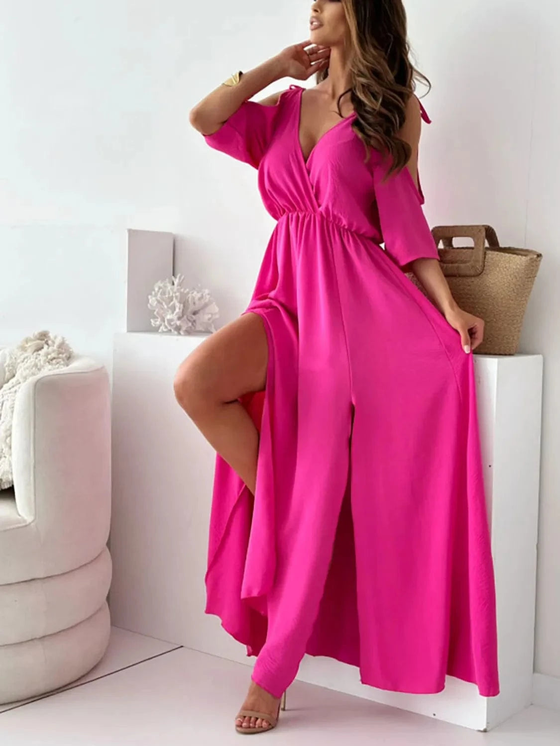 Trendsi Hot Pink / S Tied Shoulder Slit Maxi Dress