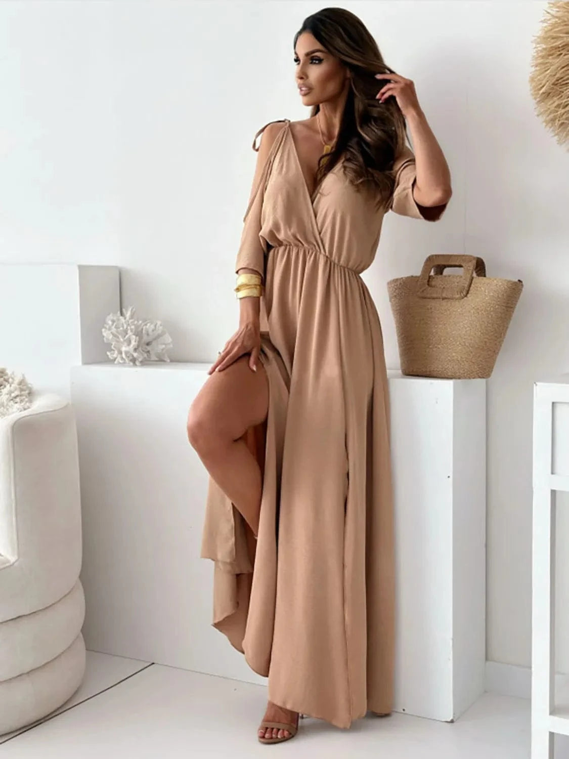Trendsi Tied Shoulder Slit Maxi Dress