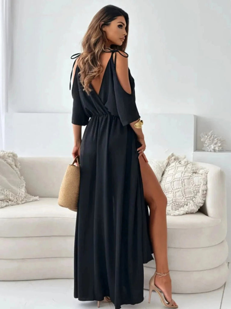 Tied Shoulder Slit Maxi Dress - Black by Trendsi from FREYA’S CLOSET