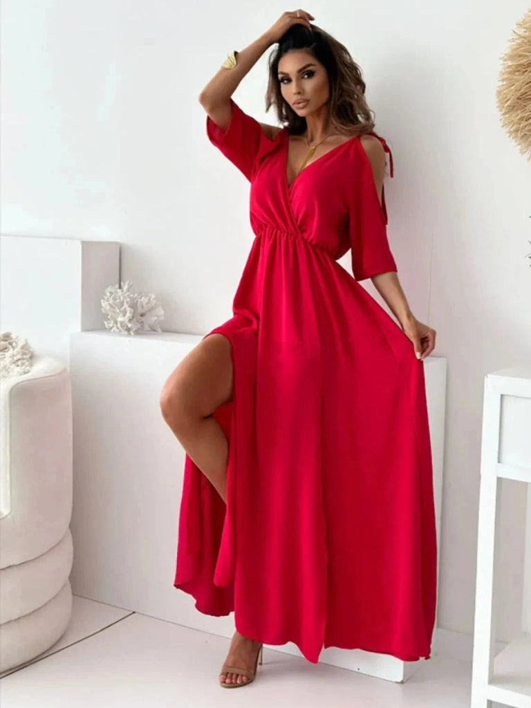 Tied Shoulder Slit Maxi Dress - Hot Pink by Trendsi from FREYA’S CLOSET