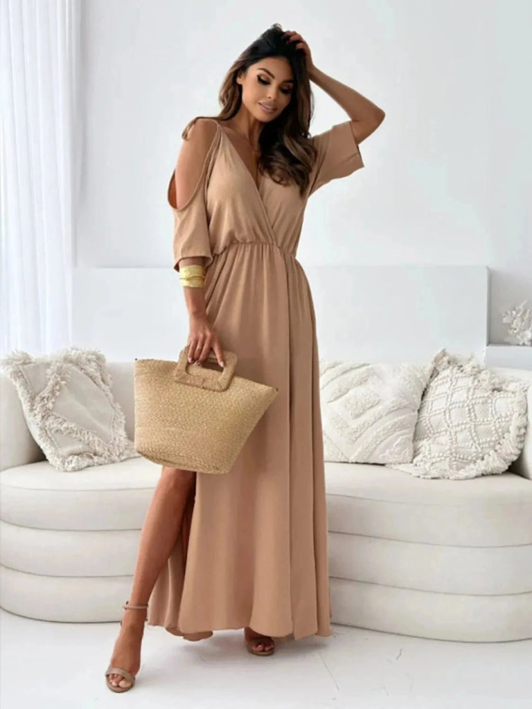 Tied Shoulder Slit Maxi Dress - Camel by Trendsi from FREYA’S CLOSET