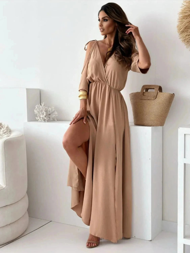 Tied Shoulder Slit Maxi Dress - Camel by Trendsi from FREYA’S CLOSET