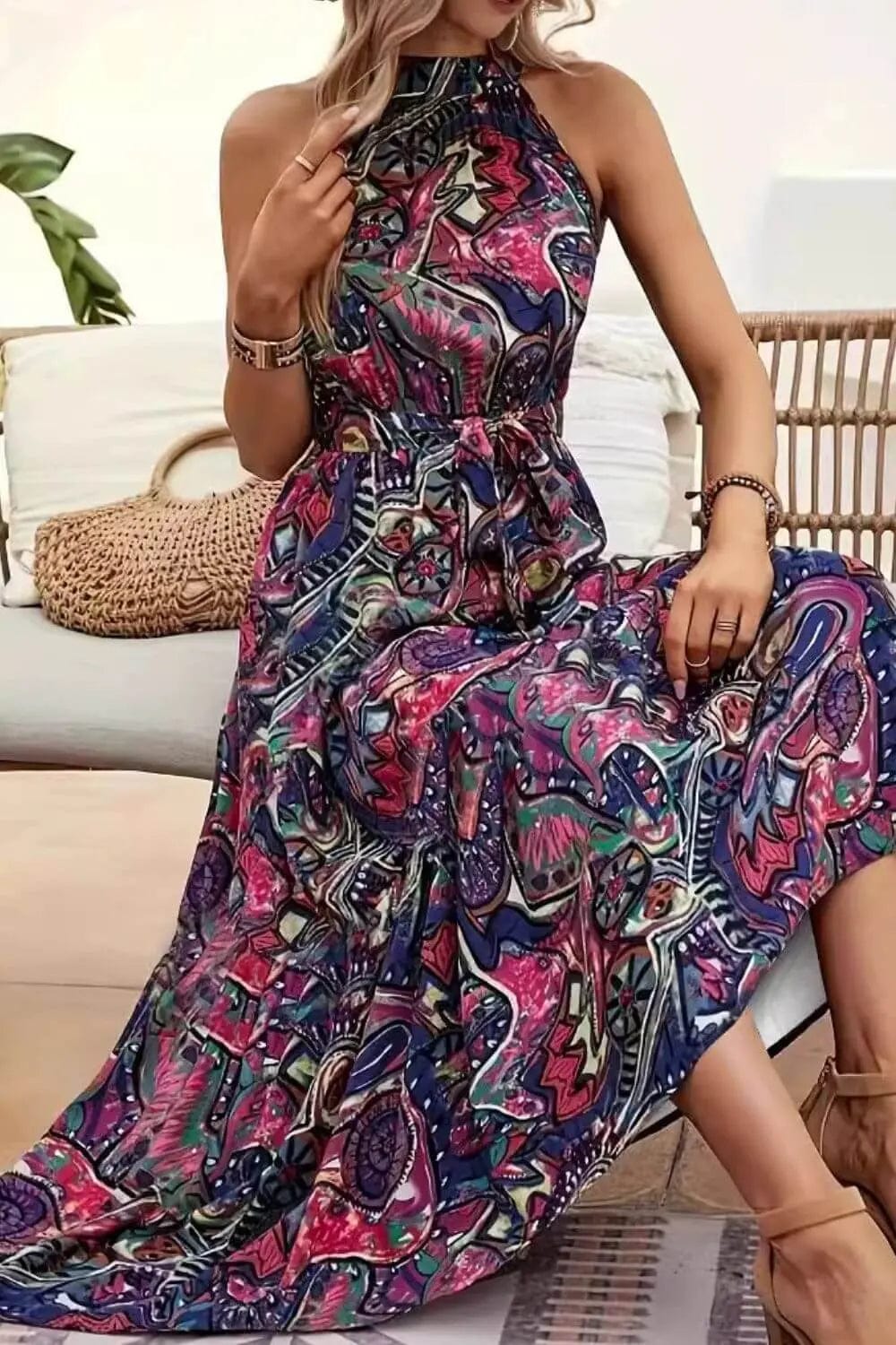 Trendsi Dresses S / Violet Tied Slit Floral Sleeveless Dress
