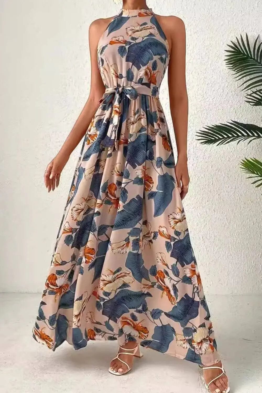 Trendsi Dresses S / Dusty Blue Tied Slit Floral Sleeveless Dress