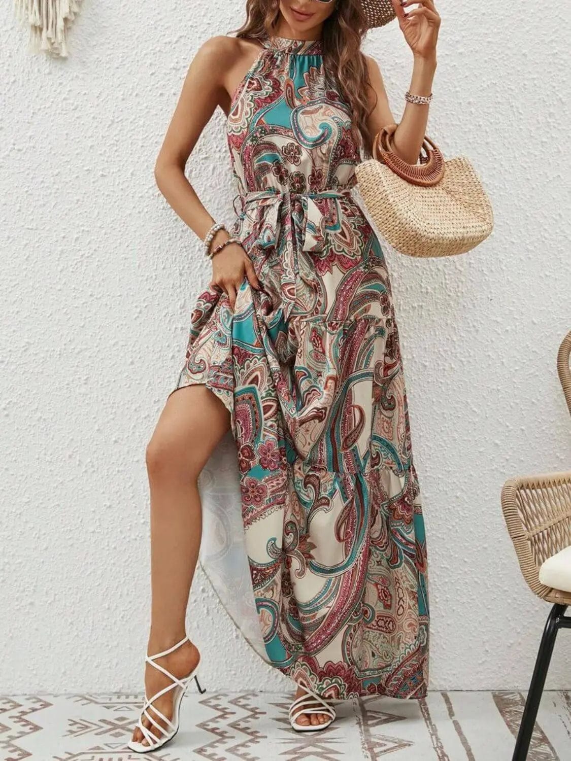 Trendsi Dresses Tied Slit Floral Sleeveless Dress