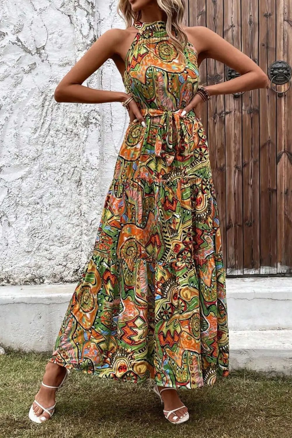 Trendsi Dresses Tied Slit Floral Sleeveless Dress