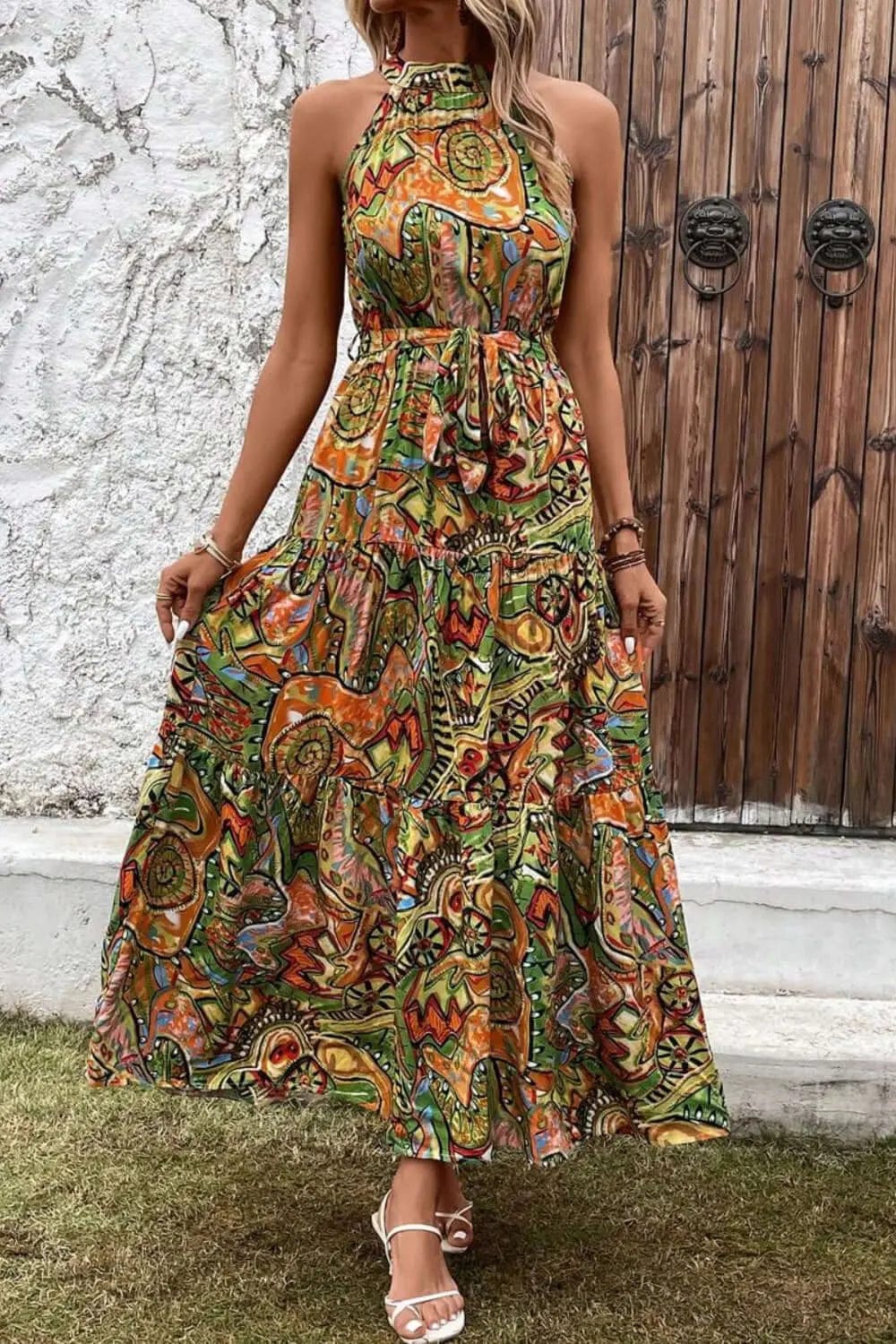 Trendsi Dresses Tied Slit Floral Sleeveless Dress