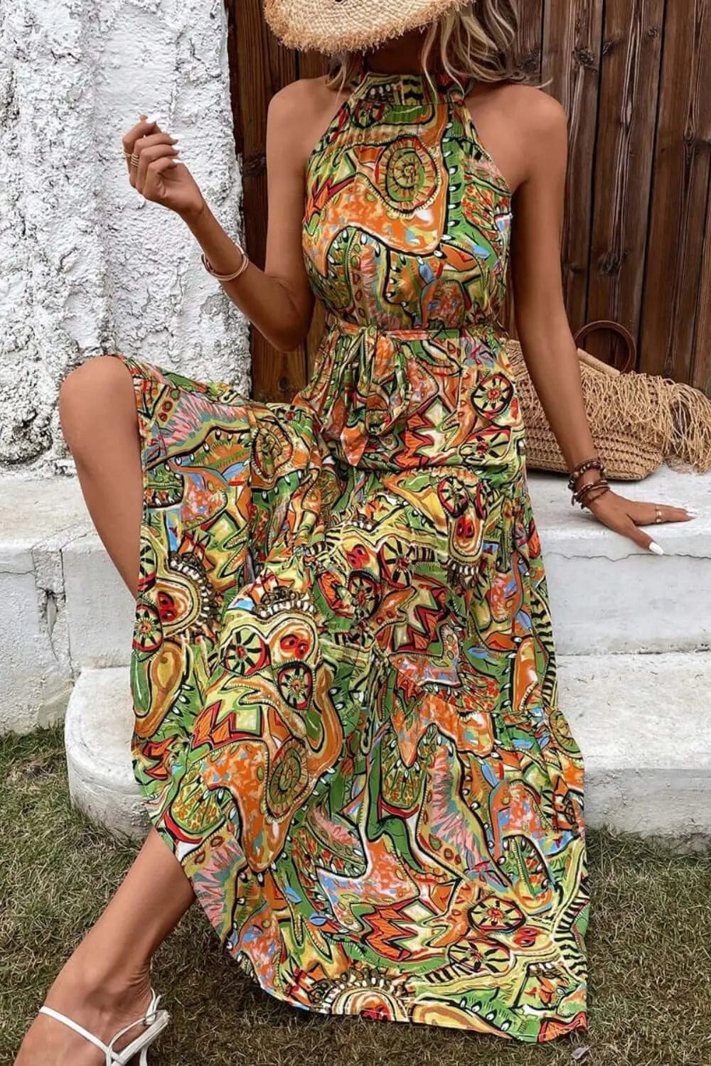 Trendsi Dresses S / Mid Green Tied Slit Floral Sleeveless Dress