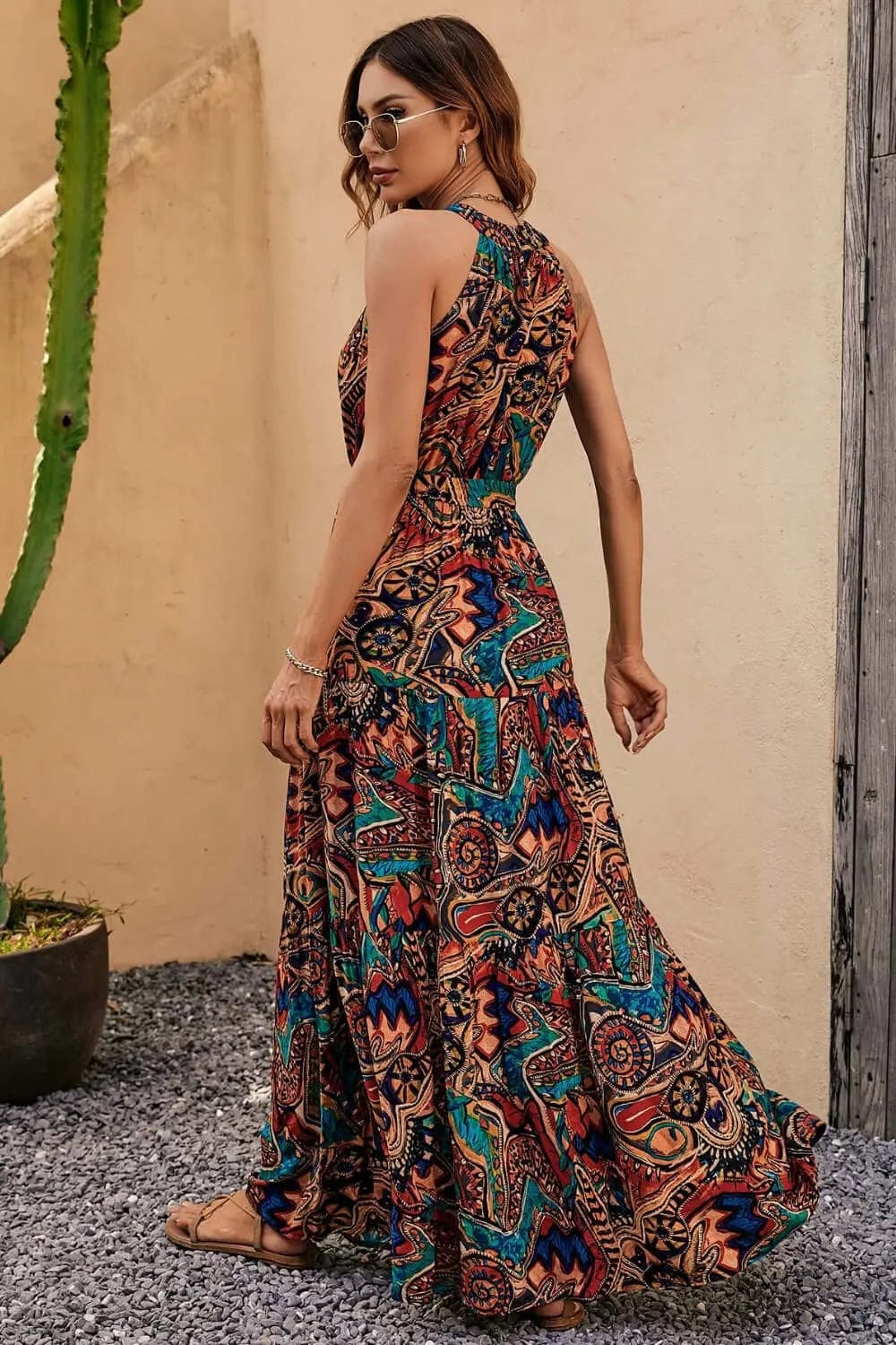 Trendsi Dresses Tied Slit Floral Sleeveless Dress