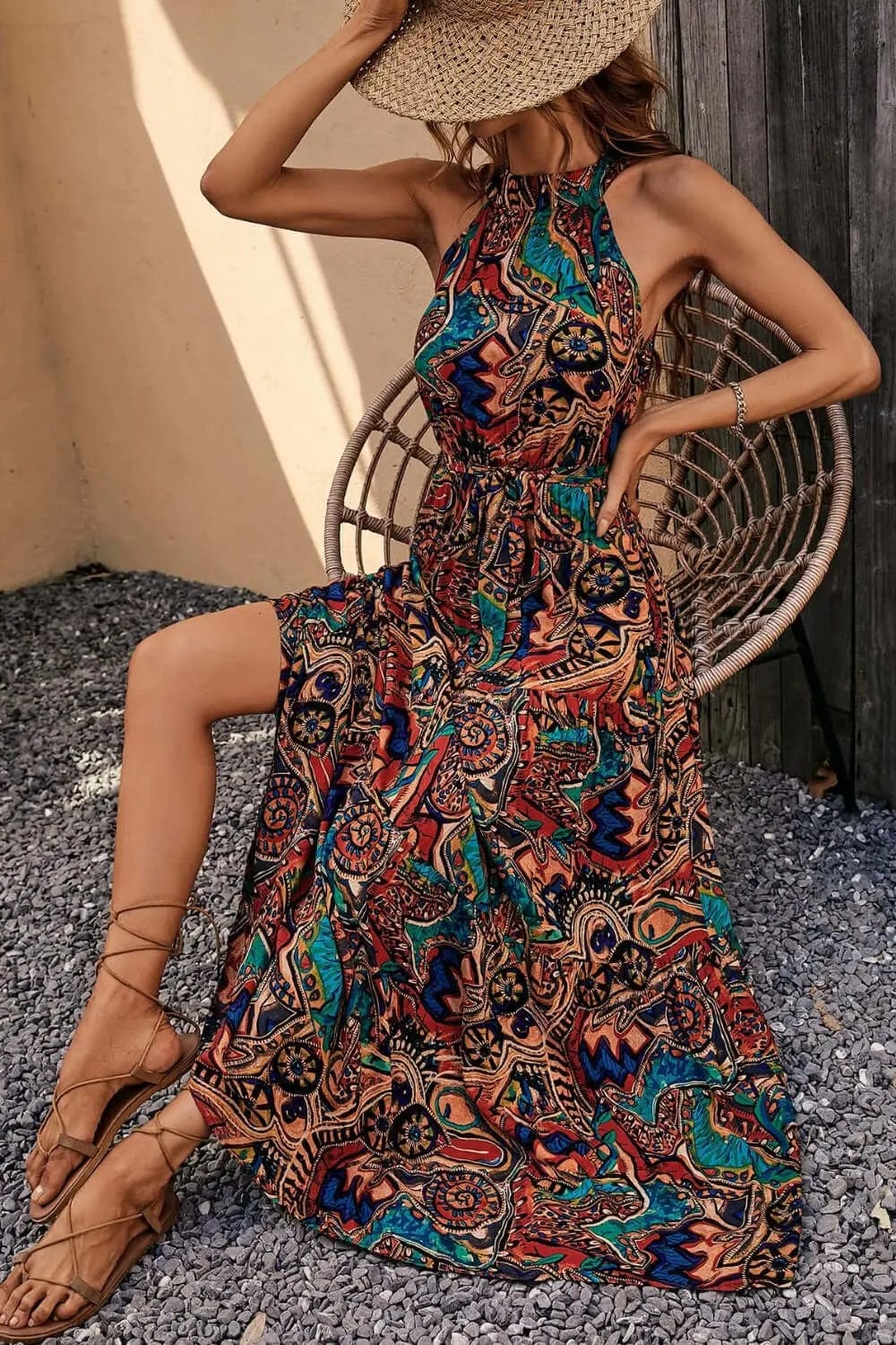 Trendsi Dresses S / Chestnut Tied Slit Floral Sleeveless Dress