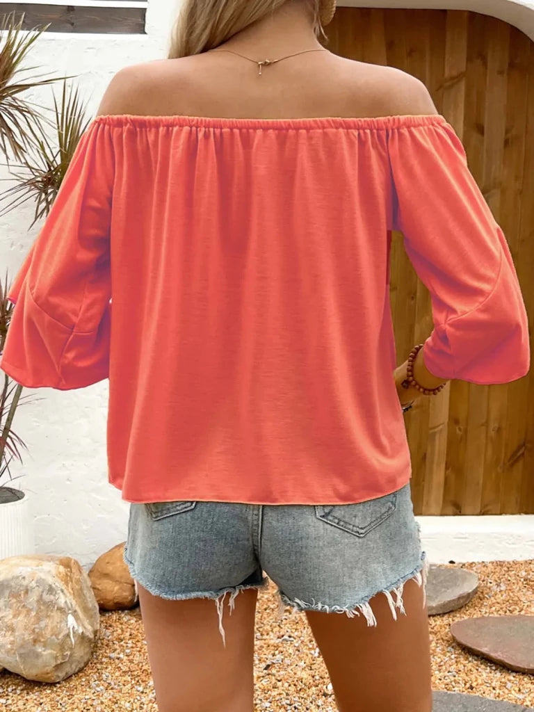 Tied Solid Off - Shoulder Blouse - Orange - Red by Trendsi from FREYA’S CLOSET
