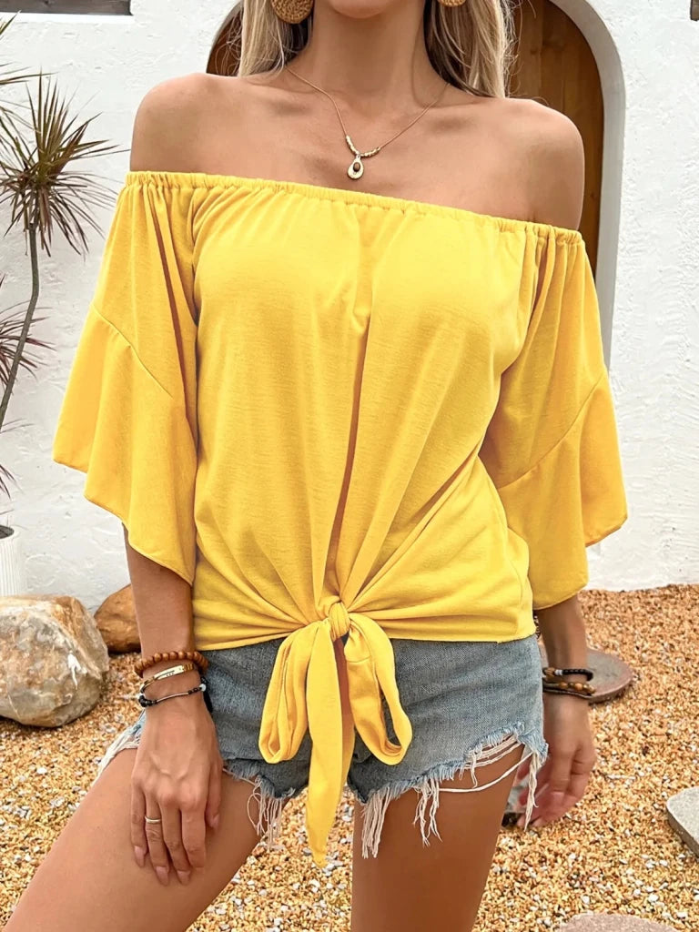 Tied Solid Off - Shoulder Blouse - Yellow by Trendsi from FREYA’S CLOSET