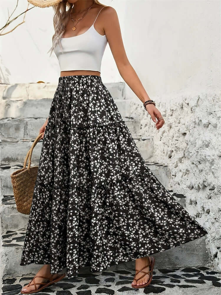Tiered Floral Maxi Skirt - Black by Trendsi from FREYA’S CLOSET