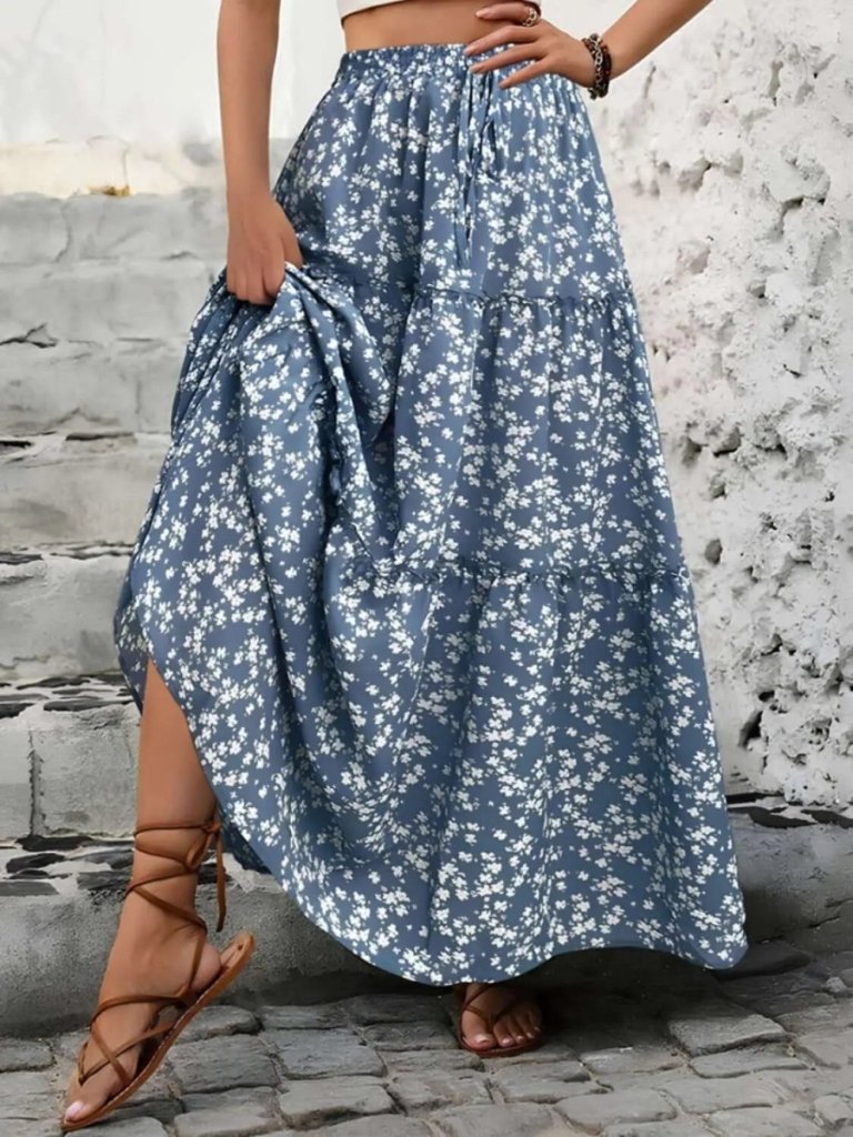 Tiered Floral Maxi Skirt - Dusty Blue by Trendsi from FREYA’S CLOSET