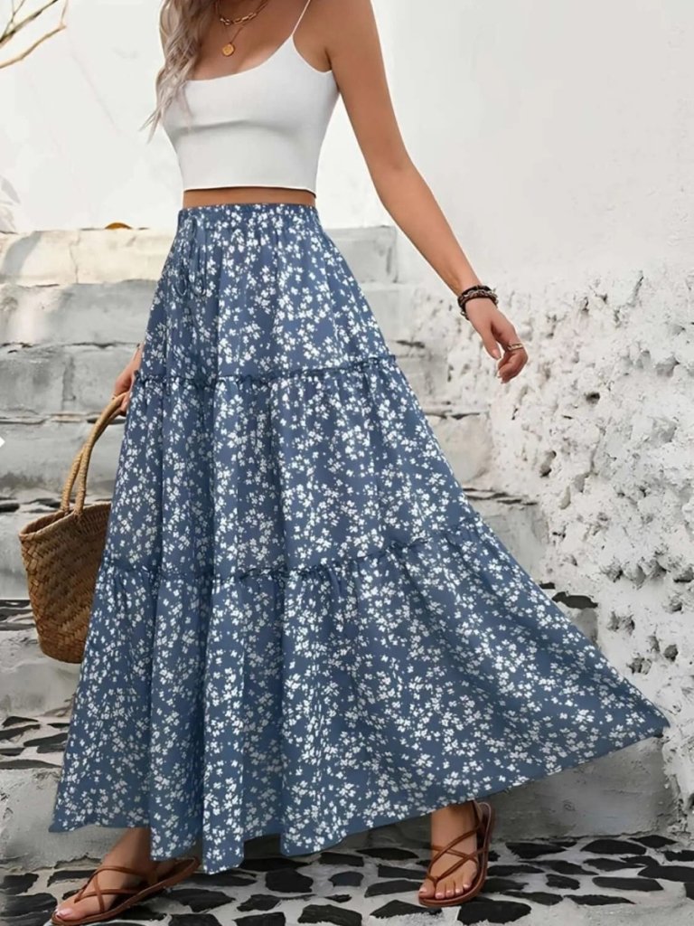 Tiered Floral Maxi Skirt - Dusty Blue by Trendsi from FREYA’S CLOSET