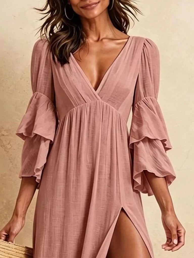 Tiered ruffle sleeve high-slit V-neck maxi dress, alternate product image