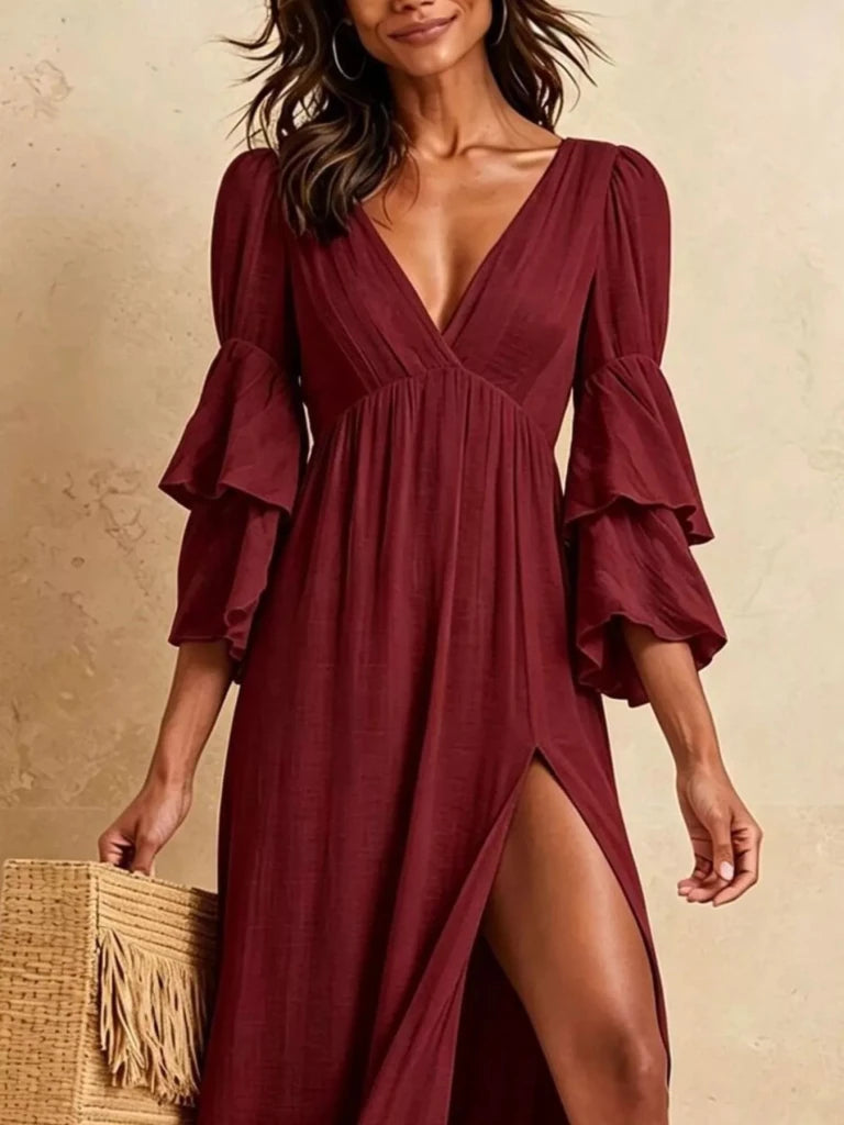 Tiered ruffle sleeve high-slit V-neck maxi dress, alternate product image
