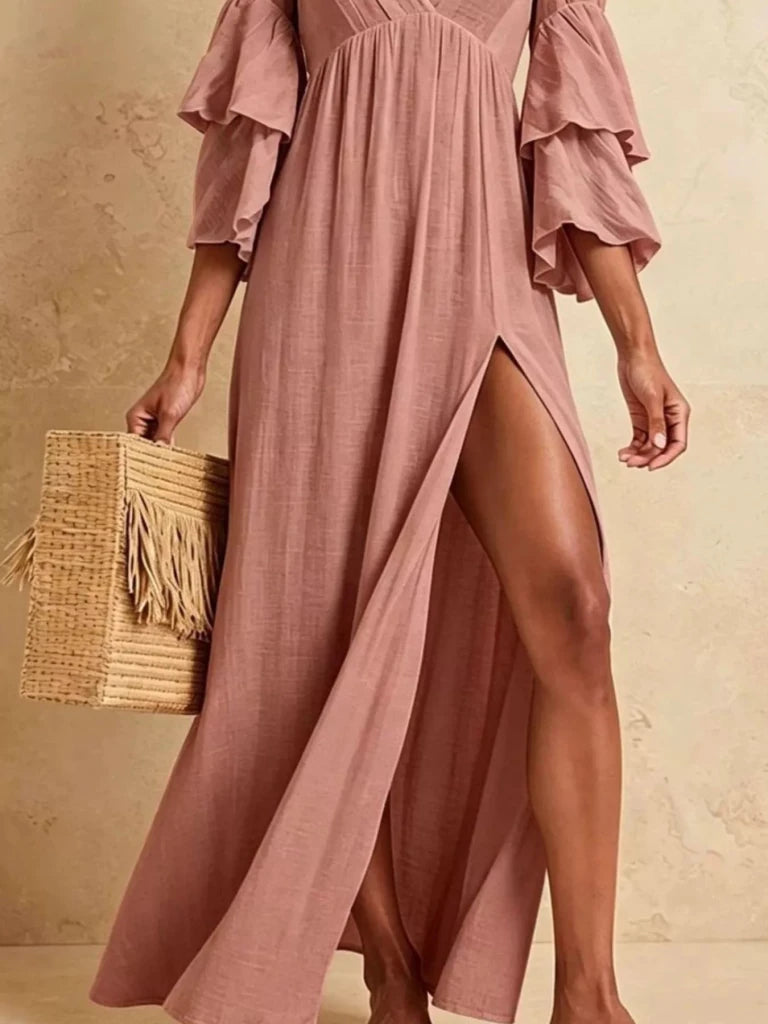 Tiered ruffle sleeve high-slit V-neck maxi dress, alternate product image