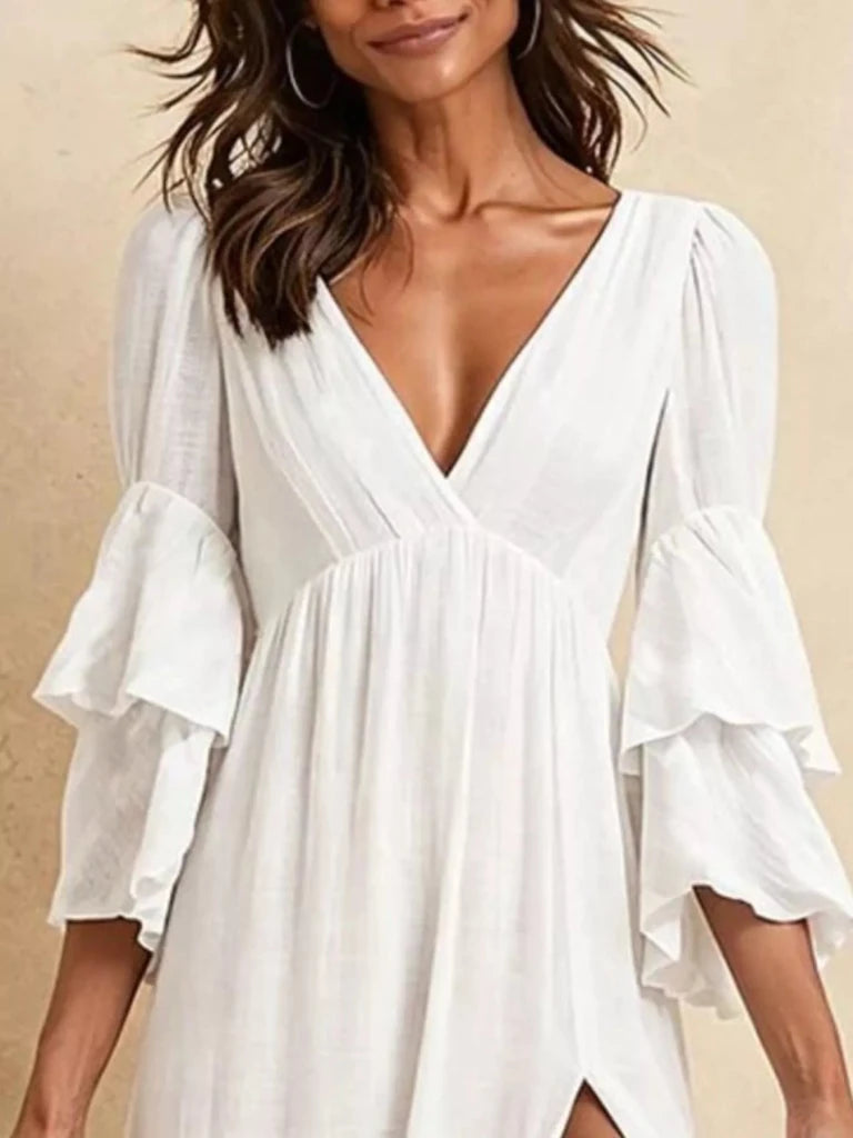 Tiered ruffle sleeve high-slit V-neck maxi dress, alternate product image