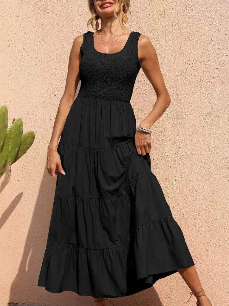 Tiered Smocked Wide Strap Dress - Black by Trendsi from FREYA’S CLOSET