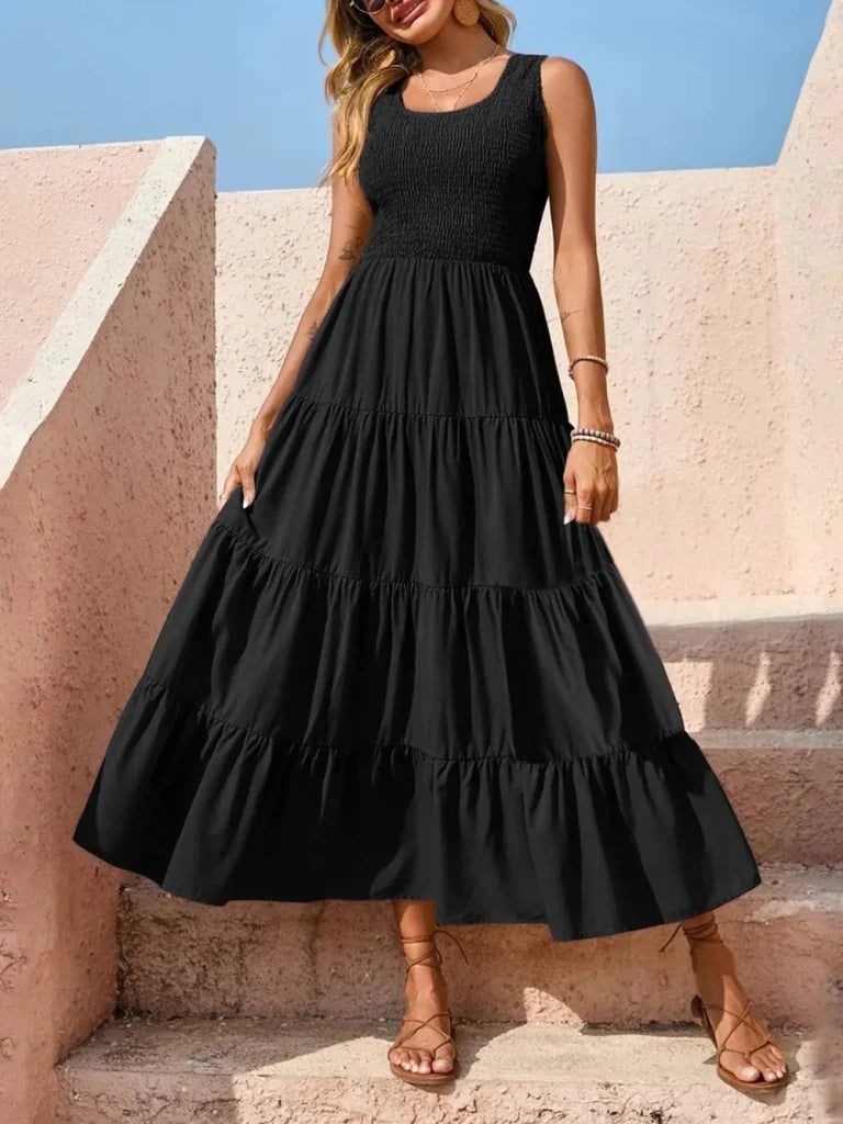 Tiered Smocked Wide Strap Dress - Black by Trendsi from FREYA’S CLOSET