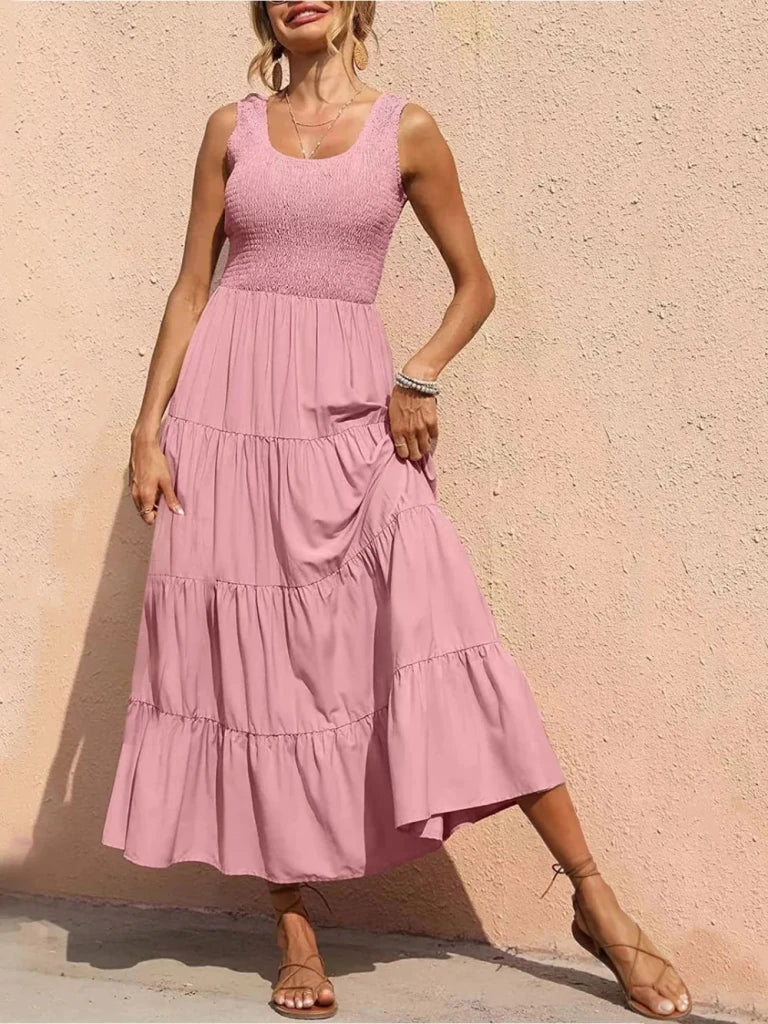 Tiered Smocked Wide Strap Dress - Blush Pink by Trendsi from FREYA’S CLOSET