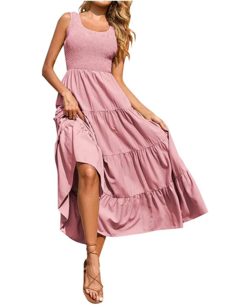 Tiered Smocked Wide Strap Dress - Blush Pink by Trendsi from FREYA’S CLOSET