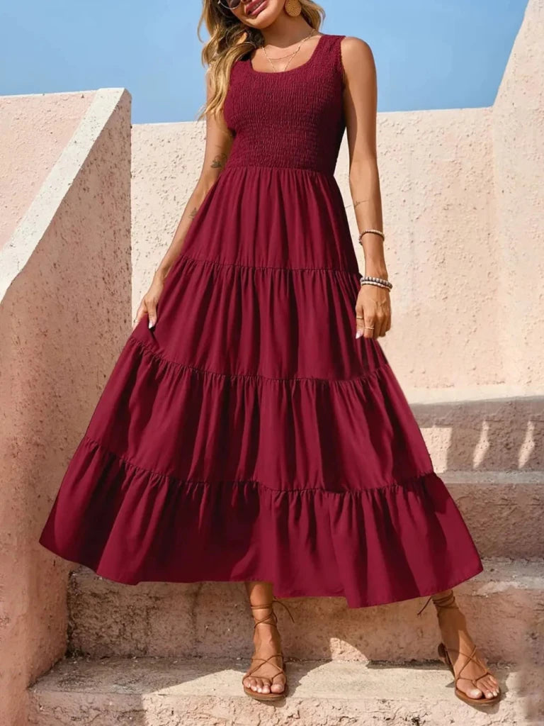 Tiered Smocked Wide Strap Dress - Burgundy by Trendsi from FREYA’S CLOSET