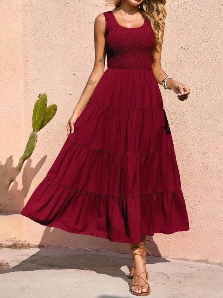 Tiered Smocked Wide Strap Dress - Burgundy by Trendsi from FREYA’S CLOSET