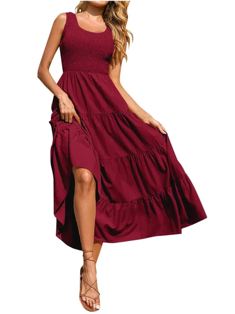 Tiered Smocked Wide Strap Dress - Burgundy by Trendsi from FREYA’S CLOSET