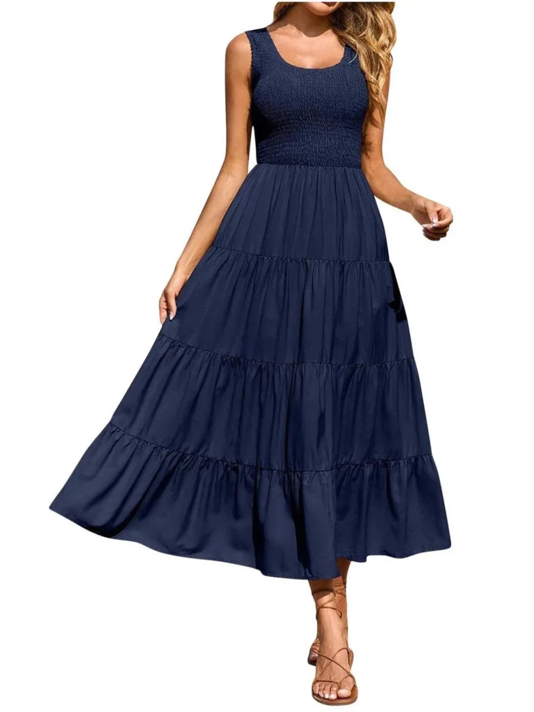 Tiered Smocked Wide Strap Dress - Dark Blue by Trendsi from FREYA’S CLOSET