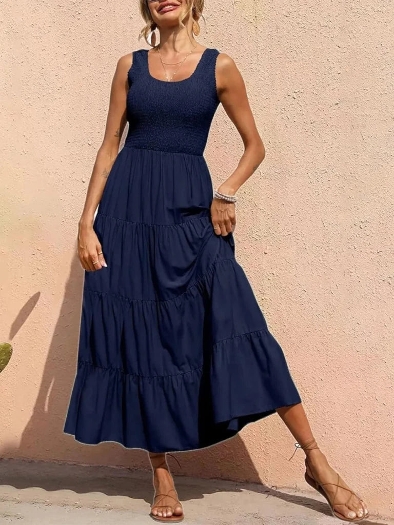 Tiered Smocked Wide Strap Dress - Dark Blue by Trendsi from FREYA’S CLOSET