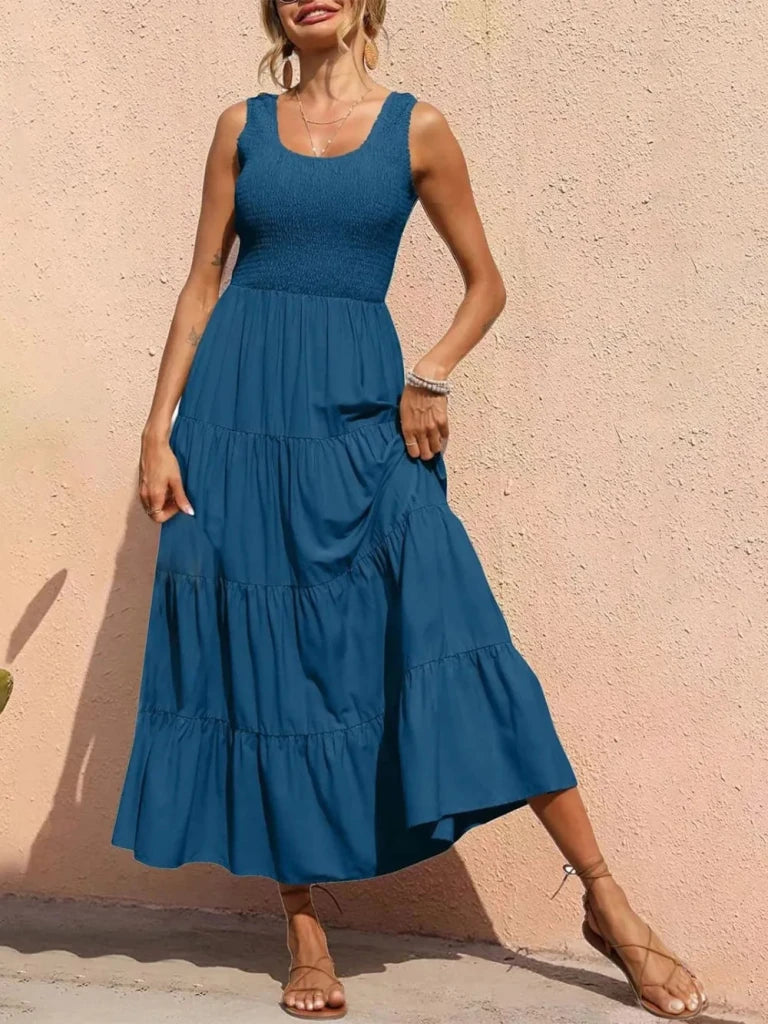 Tiered Smocked Wide Strap Dress - Dusty Blue by Trendsi from FREYA’S CLOSET