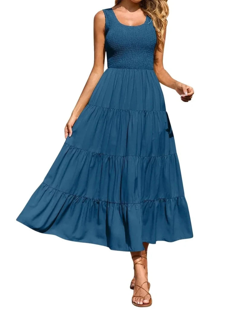 Tiered Smocked Wide Strap Dress - Dusty Blue by Trendsi from FREYA’S CLOSET